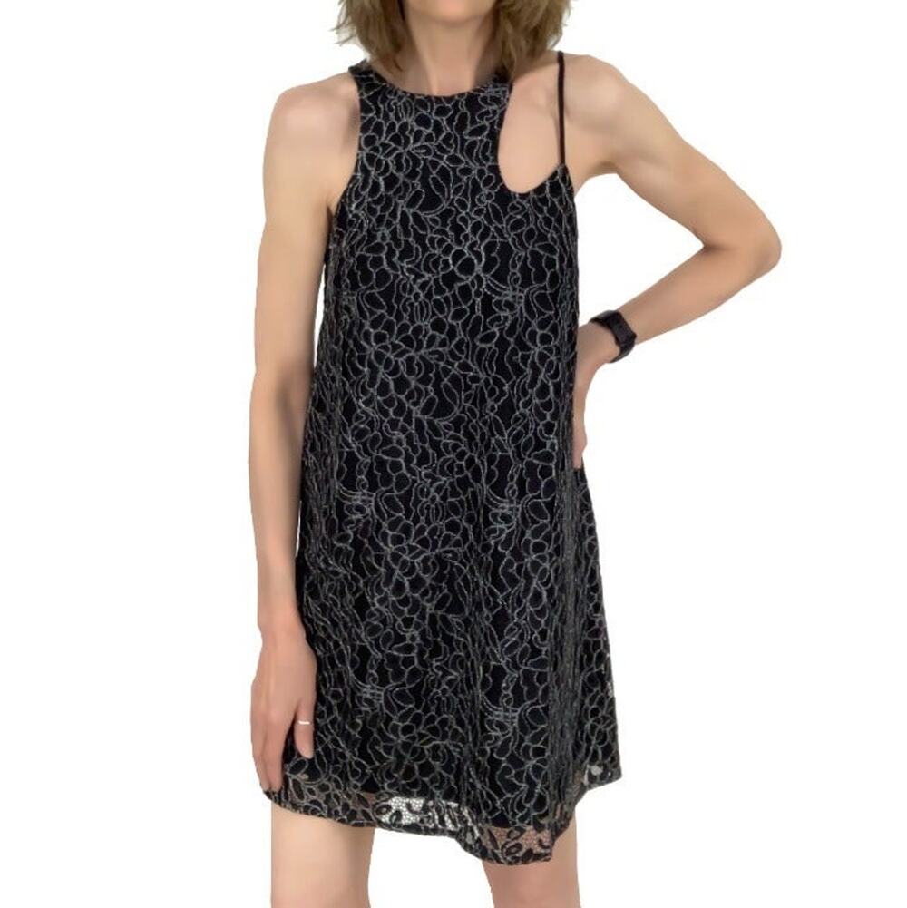 Entro Embroidered Dress Sz M New Black Cutout Shoulder Shift Lined White Stitch